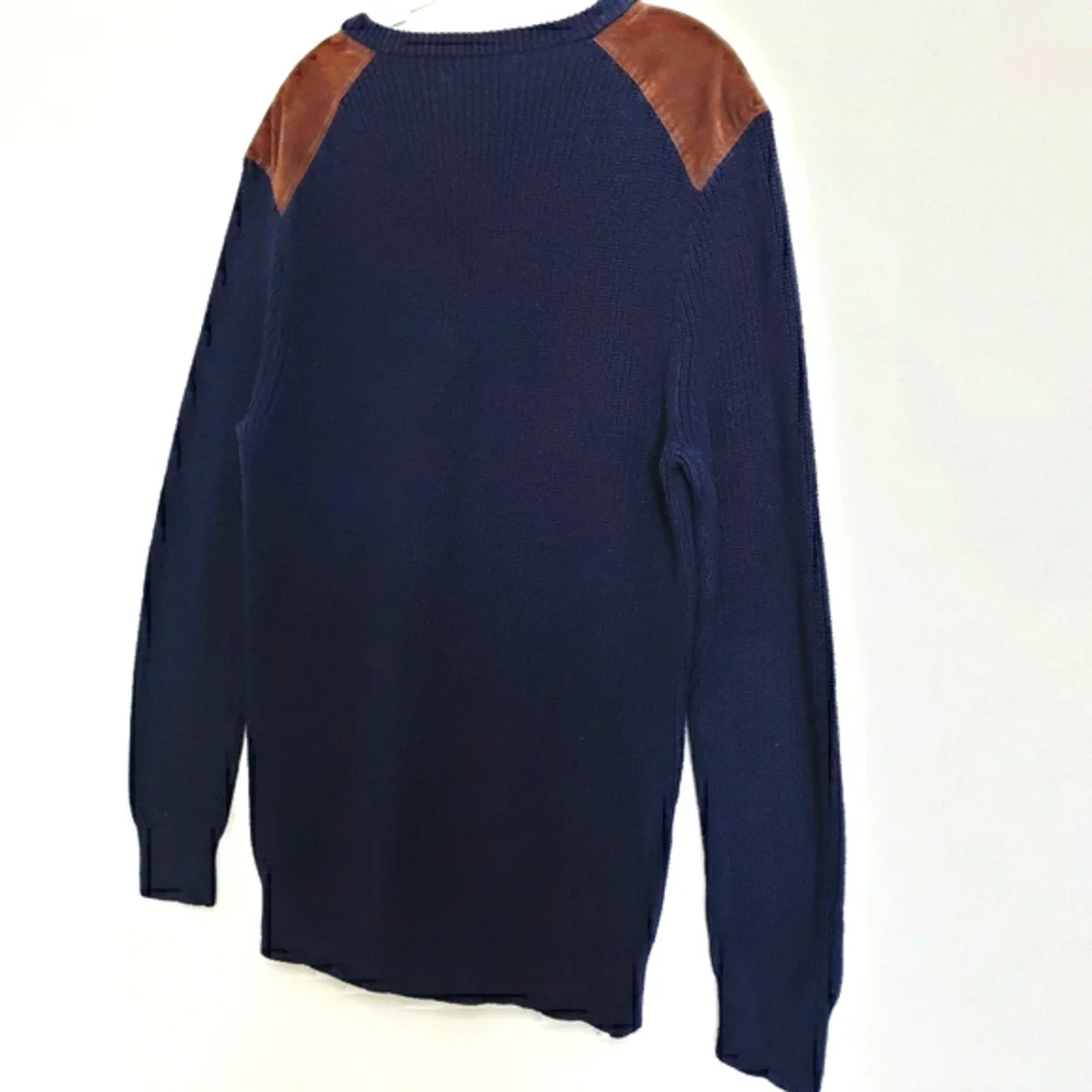 J.CREW Navy Longsleeve Ribbed Knit Sweater Faux Suede Patch Shoulders